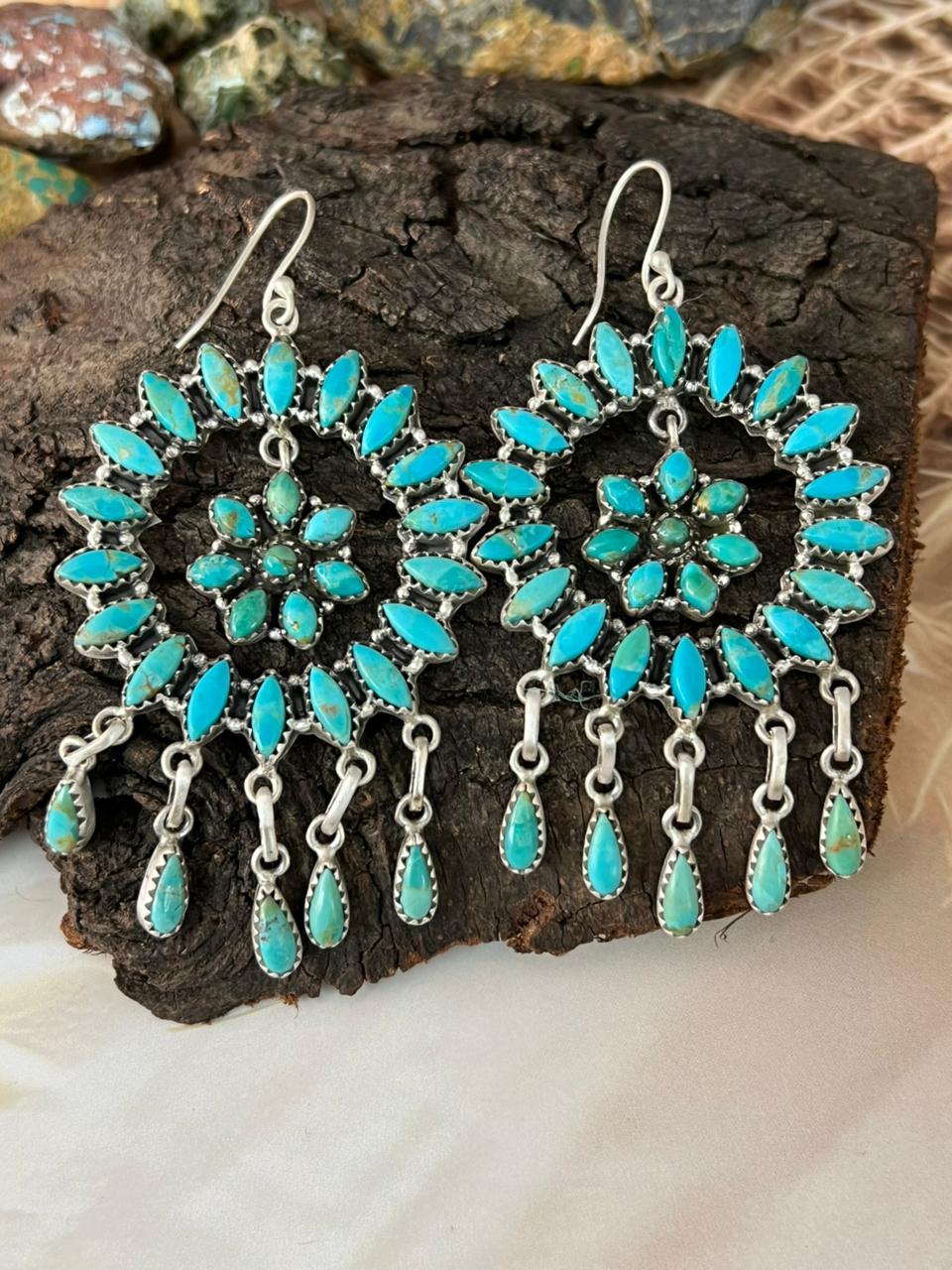 Handmade Sterling Silver Kingman Turquoise Hook Dangle Earrings "Signed Nizhoni"
