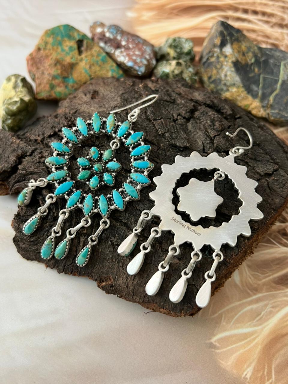 Handmade Sterling Silver Kingman Turquoise Hook Dangle Earrings "Signed Nizhoni"