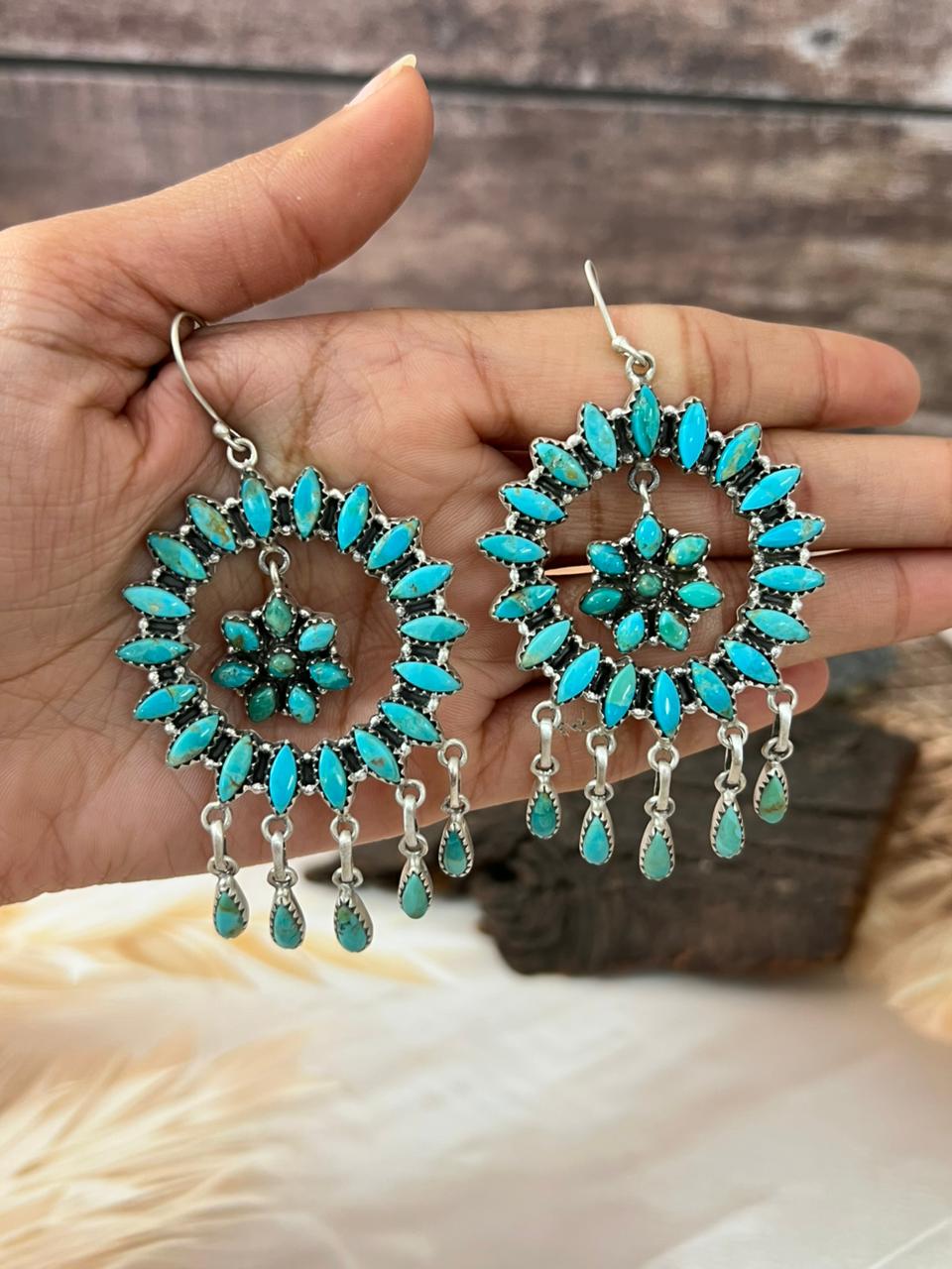 Handmade Sterling Silver Kingman Turquoise Hook Dangle Earrings "Signed Nizhoni"