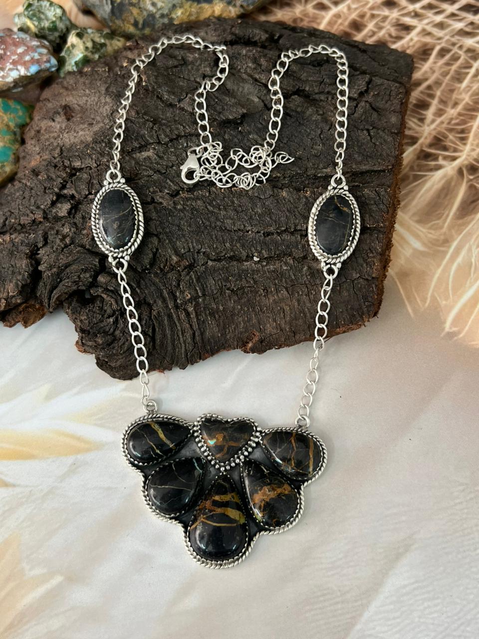Handmade Sterling Silver Blackjack Turquoise Necklace "Signed Nizhoni"