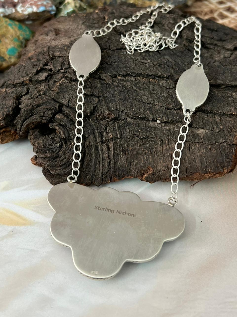 Handmade Sterling Silver Blackjack Turquoise Necklace "Signed Nizhoni"
