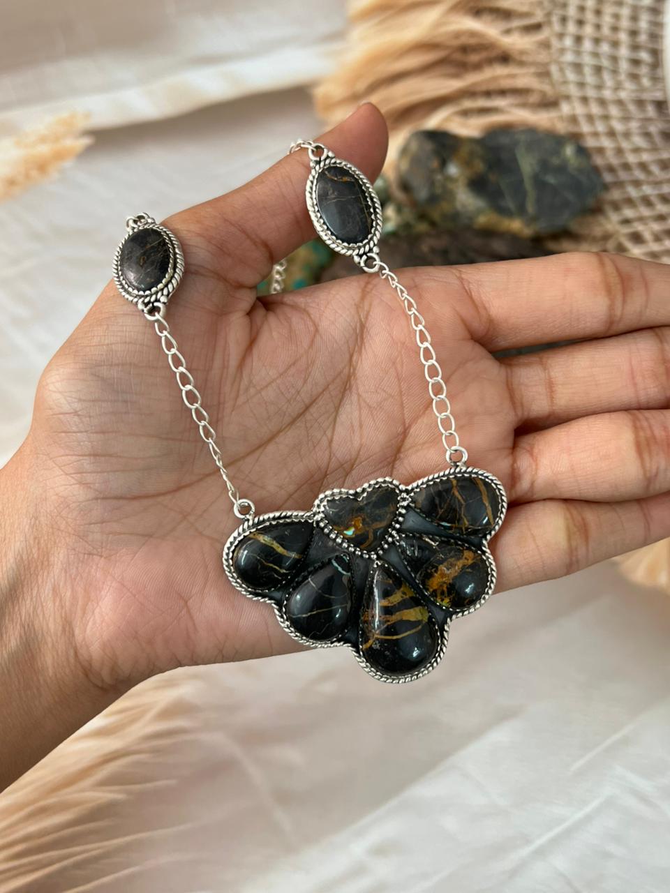 Handmade Sterling Silver Blackjack Turquoise Necklace "Signed Nizhoni"