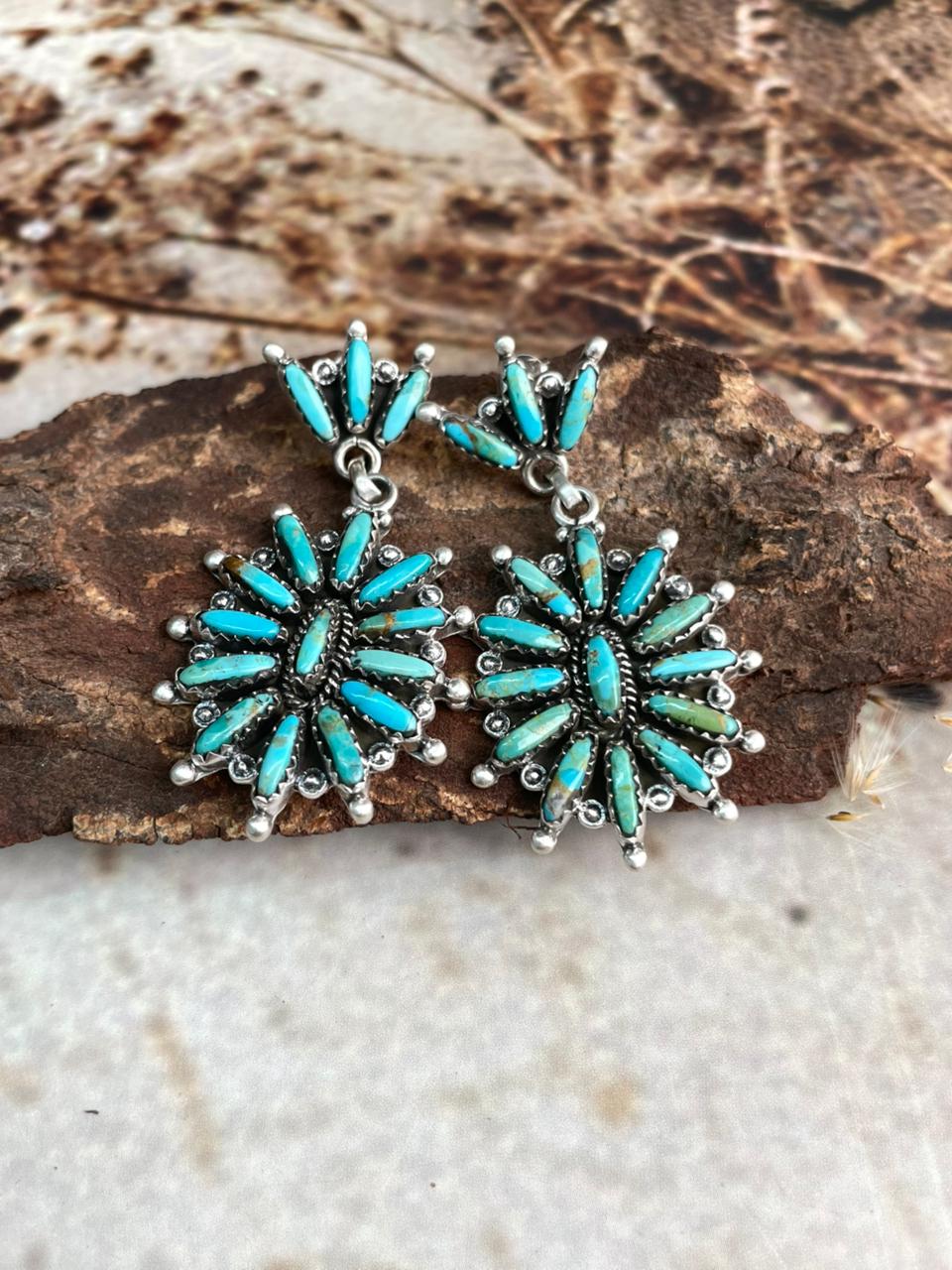 Handmade Sterling Silver Needle Collection: Kingman Turquoise Post Dangle Earrings "Signed Nizhoni"