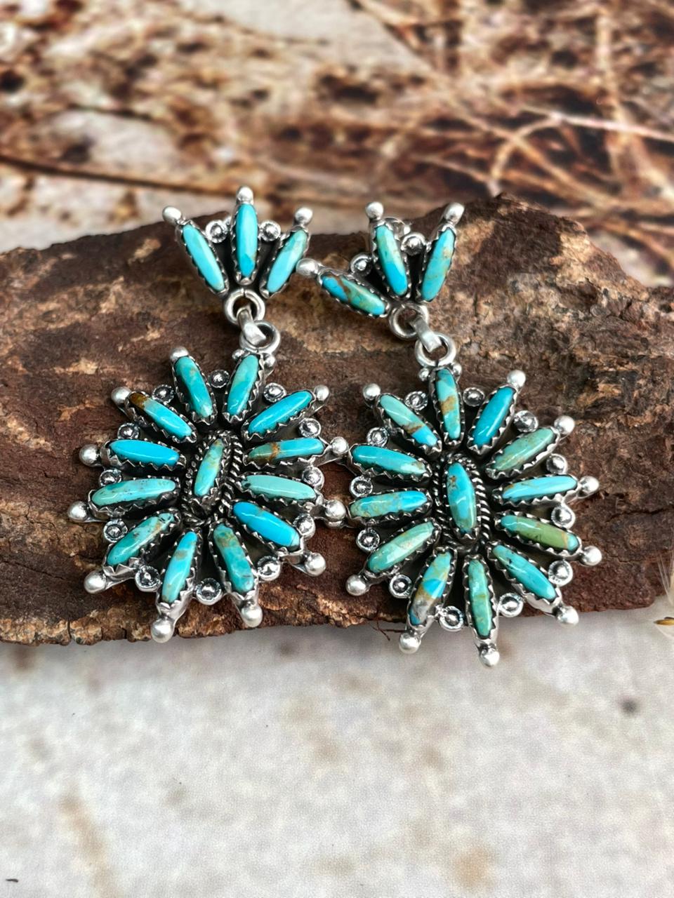 Handmade Sterling Silver Needle Collection: Kingman Turquoise Post Dangle Earrings "Signed Nizhoni"