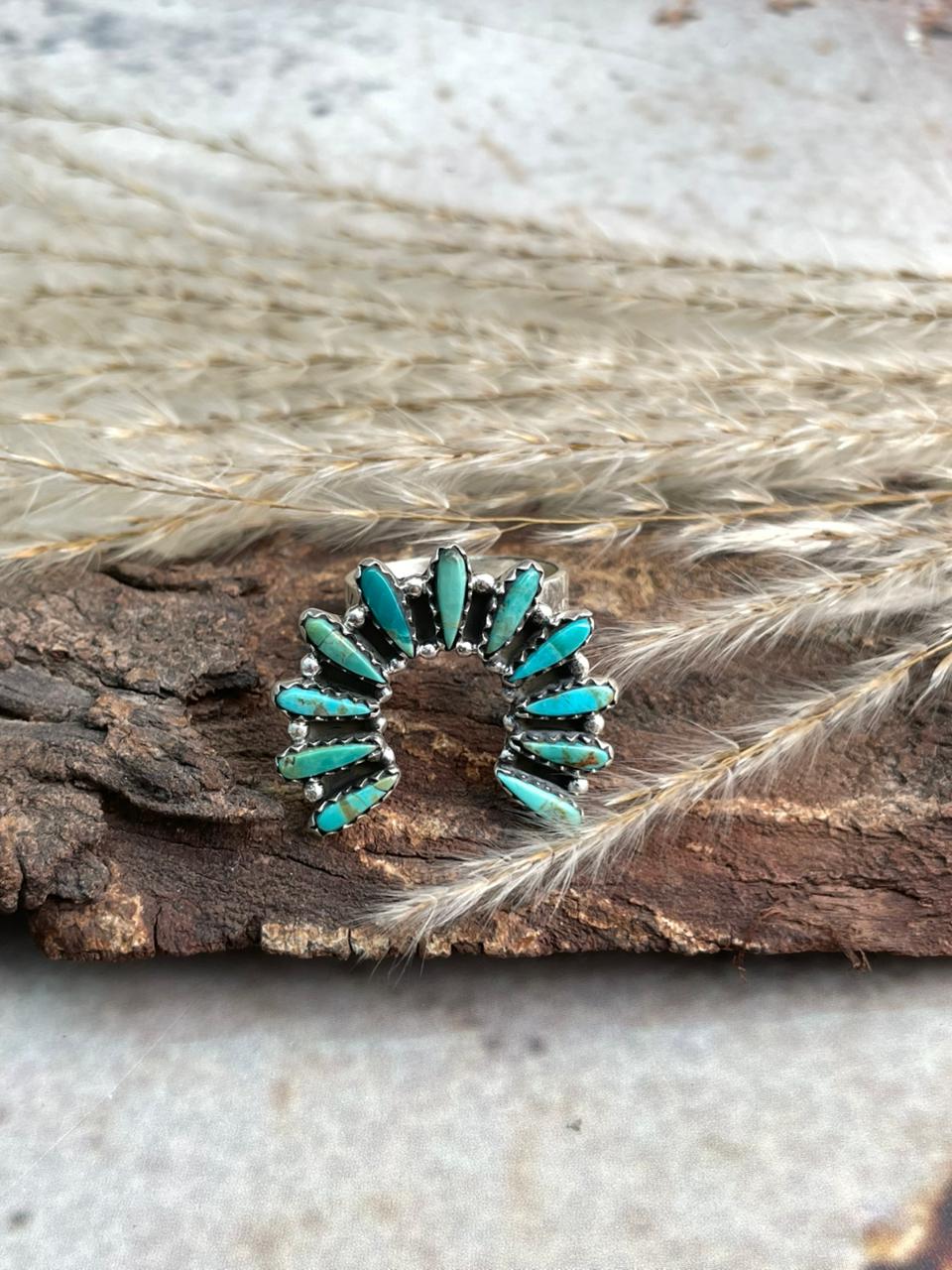 Handmade Sterling Silver Needle Collection: Kingman Turquoise Adjustable Naja Ring "Signed Nizhoni"