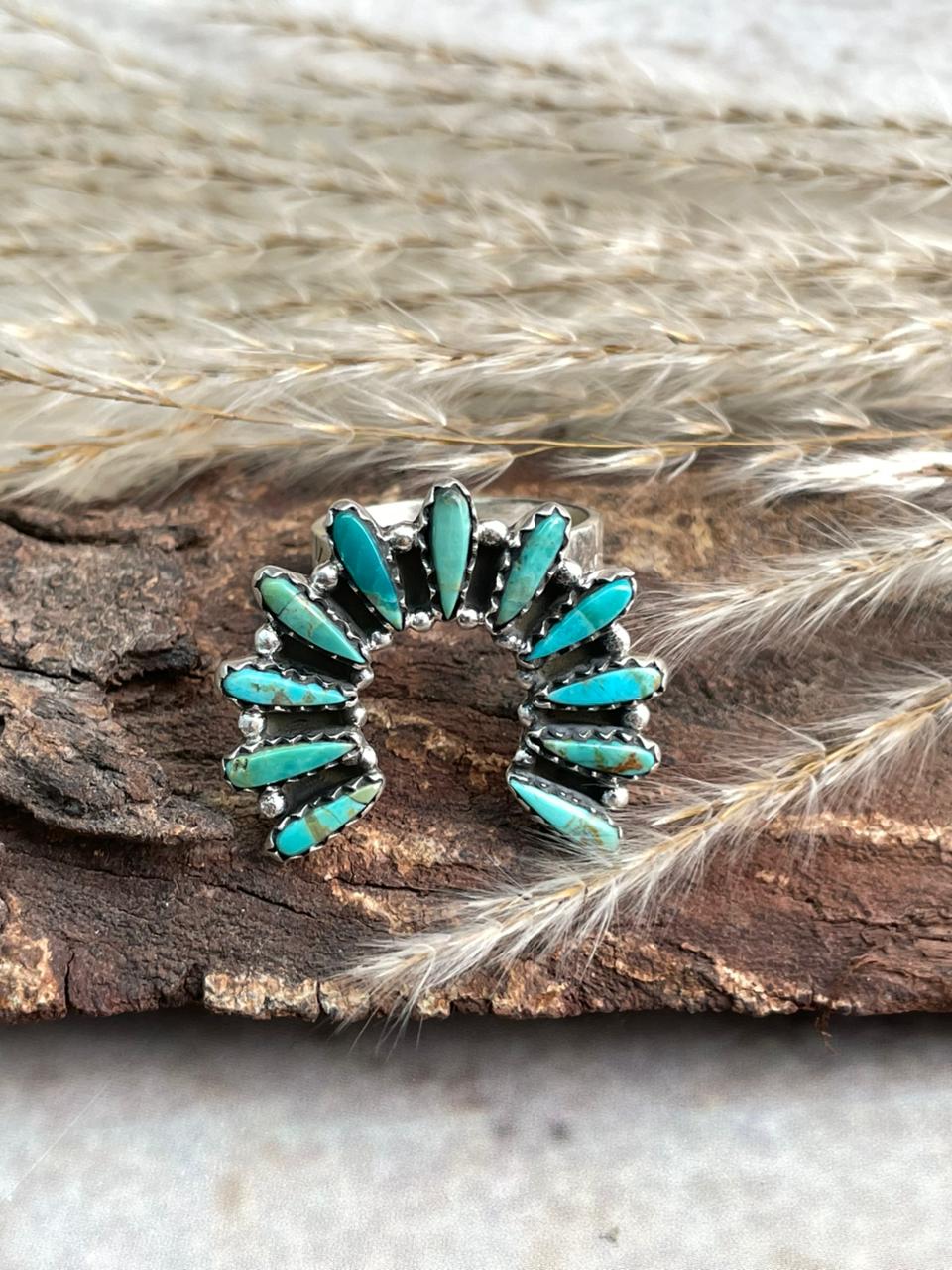 Handmade Sterling Silver Needle Collection: Kingman Turquoise Adjustable Naja Ring "Signed Nizhoni"