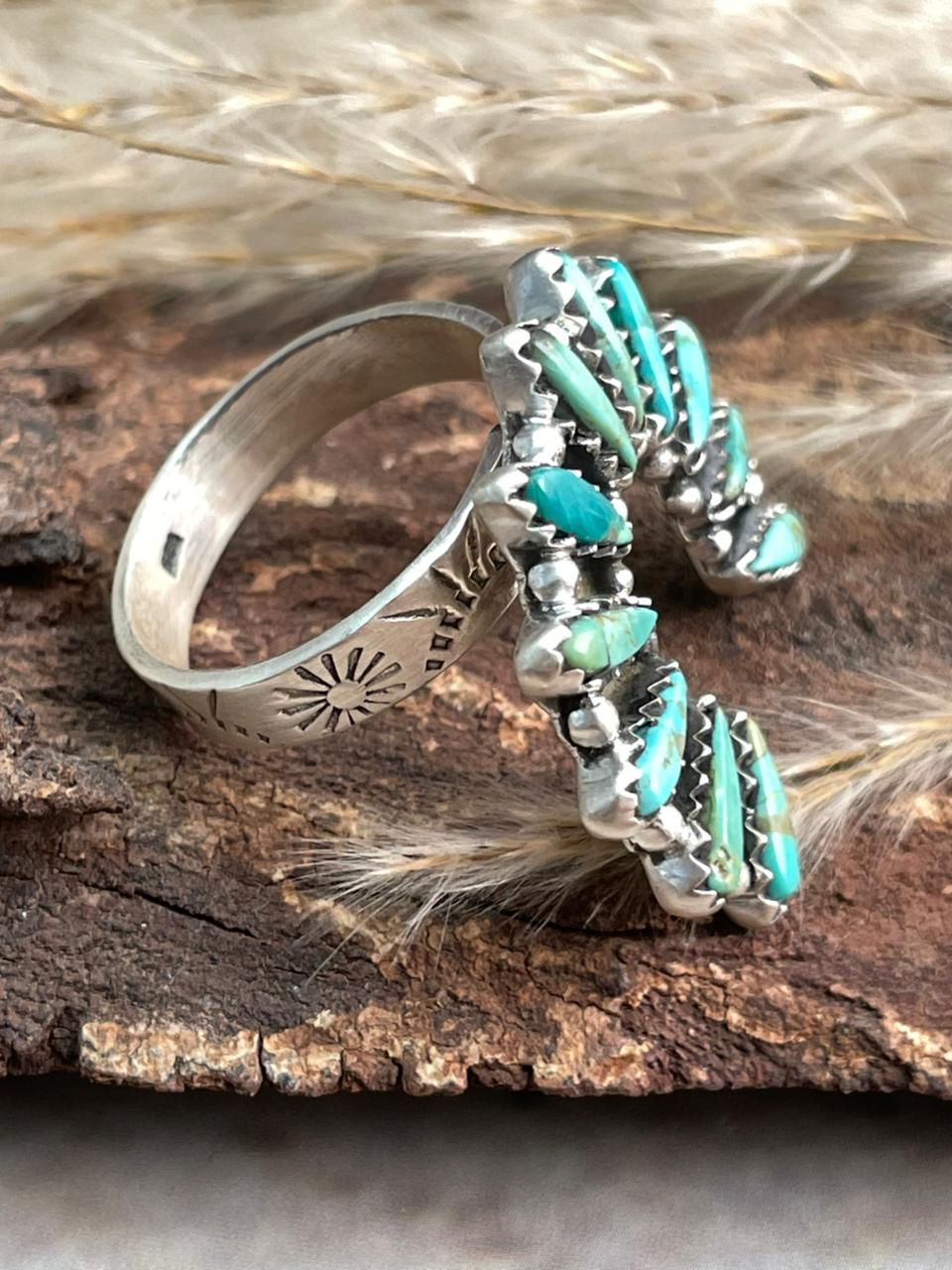Handmade Sterling Silver Needle Collection: Kingman Turquoise Adjustable Naja Ring "Signed Nizhoni"