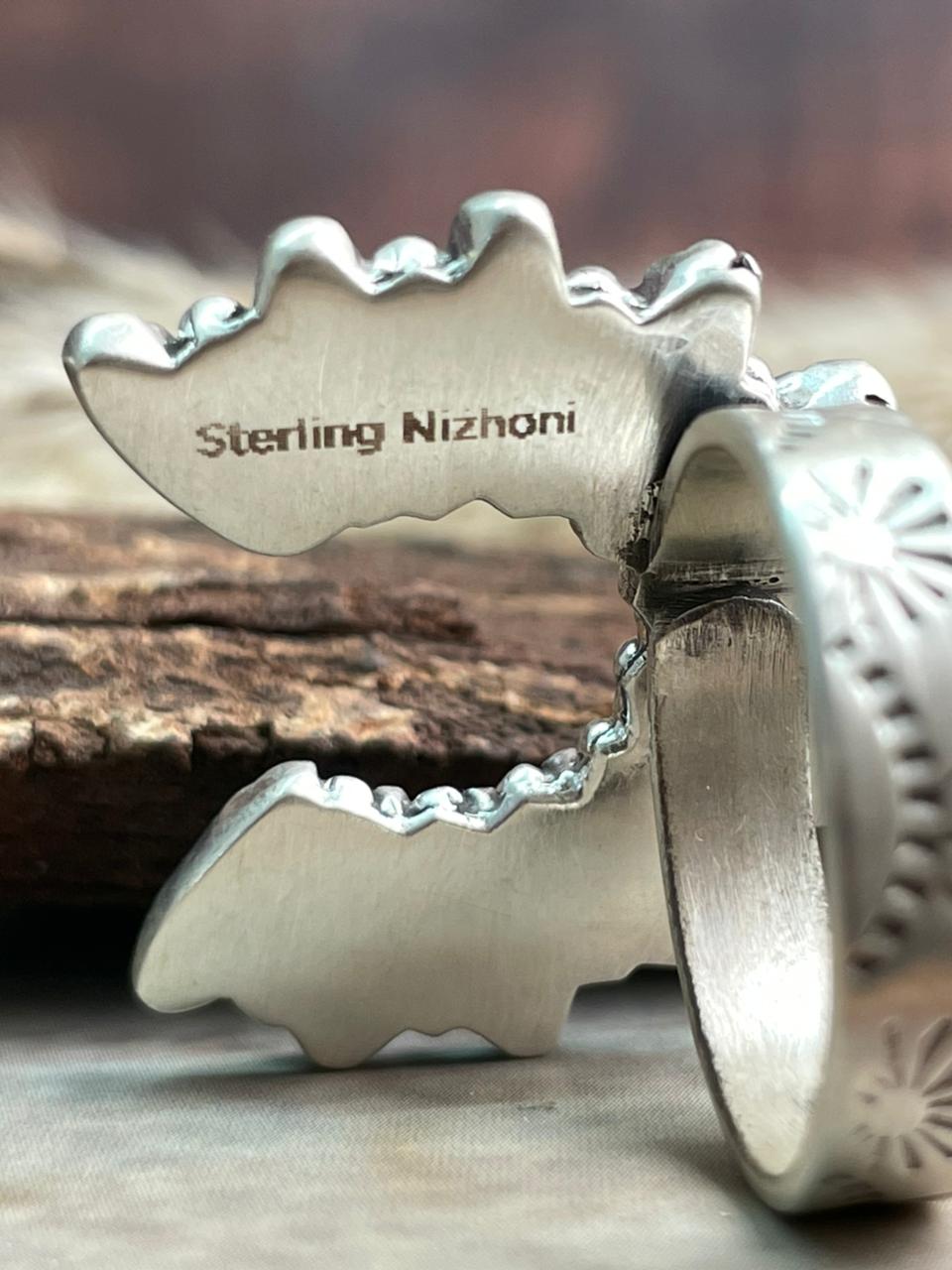 Handmade Sterling Silver Needle Collection: Kingman Turquoise Adjustable Naja Ring "Signed Nizhoni"