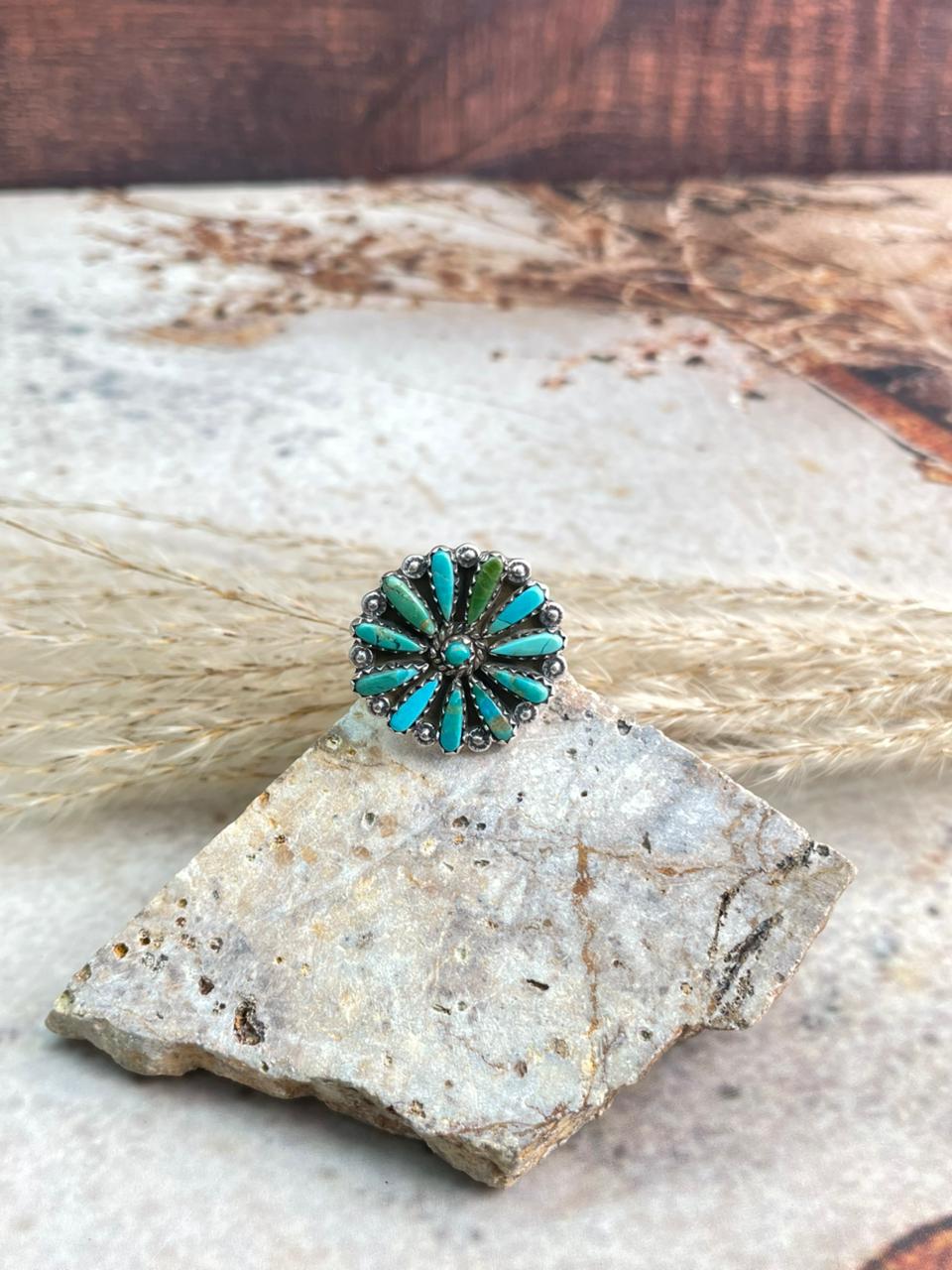 Handmade Sterling Silver Needle Collection: Kingman Turquoise Adjustable Ring "Signed Nizhoni"