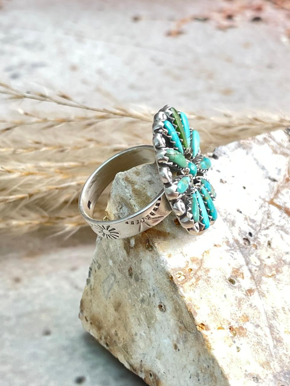 Handmade Sterling Silver Needle Collection: Kingman Turquoise Adjustable Ring "Signed Nizhoni"