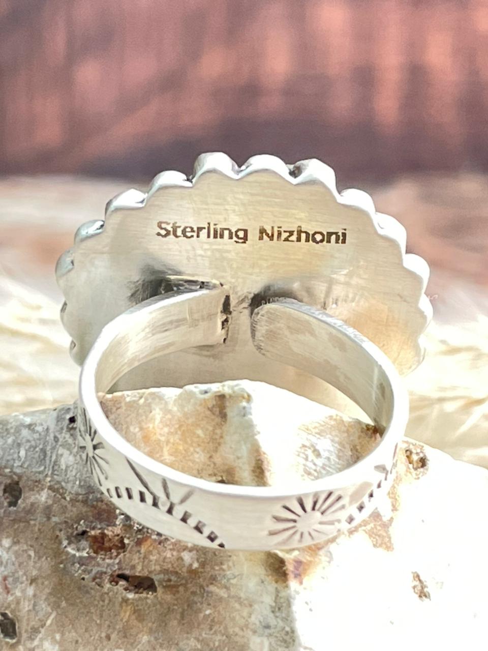 Handmade Sterling Silver Needle Collection: Kingman Turquoise Adjustable Ring "Signed Nizhoni"