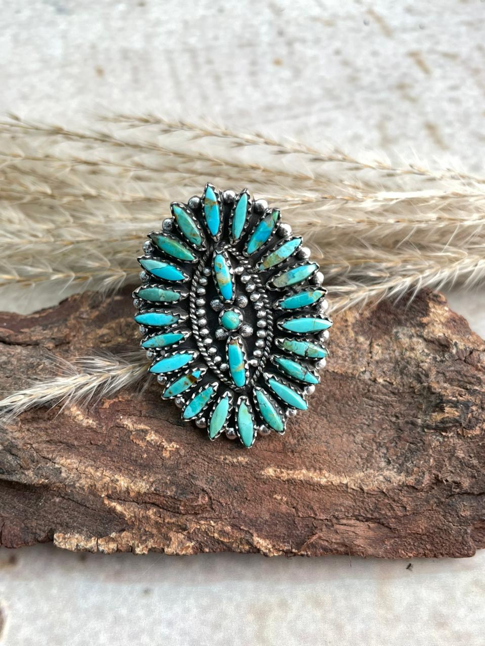 Handmade Sterling Silver Needle Collection: Kingman Turquoise Adjustable Ring "Signed Nizhoni"