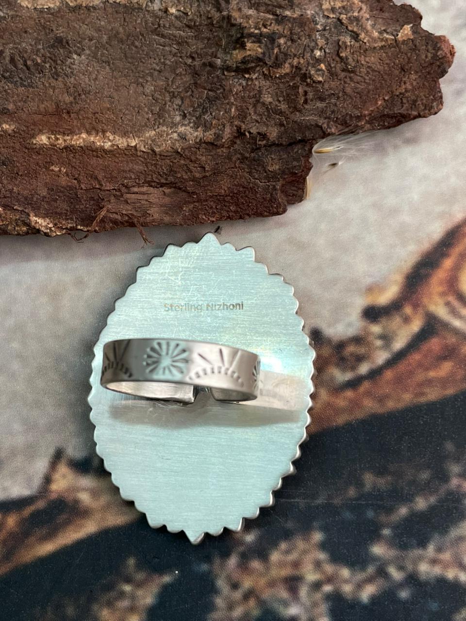 Handmade Sterling Silver Needle Collection: Kingman Turquoise Adjustable Ring "Signed Nizhoni"