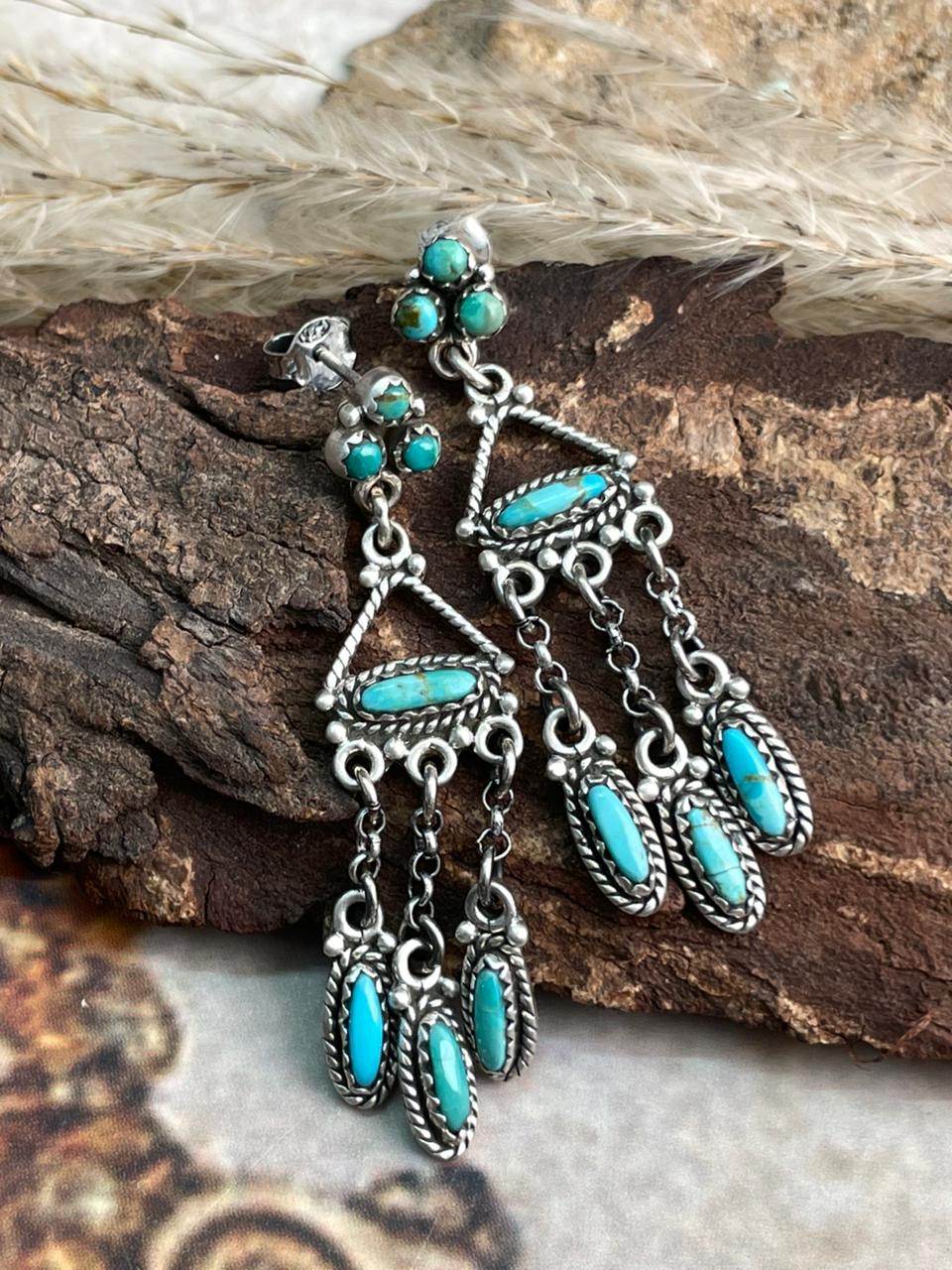 Handmade Sterling Silver Needle Collection: Kingman Turquoise Post Dangle Earrings "Signed Nizhoni"