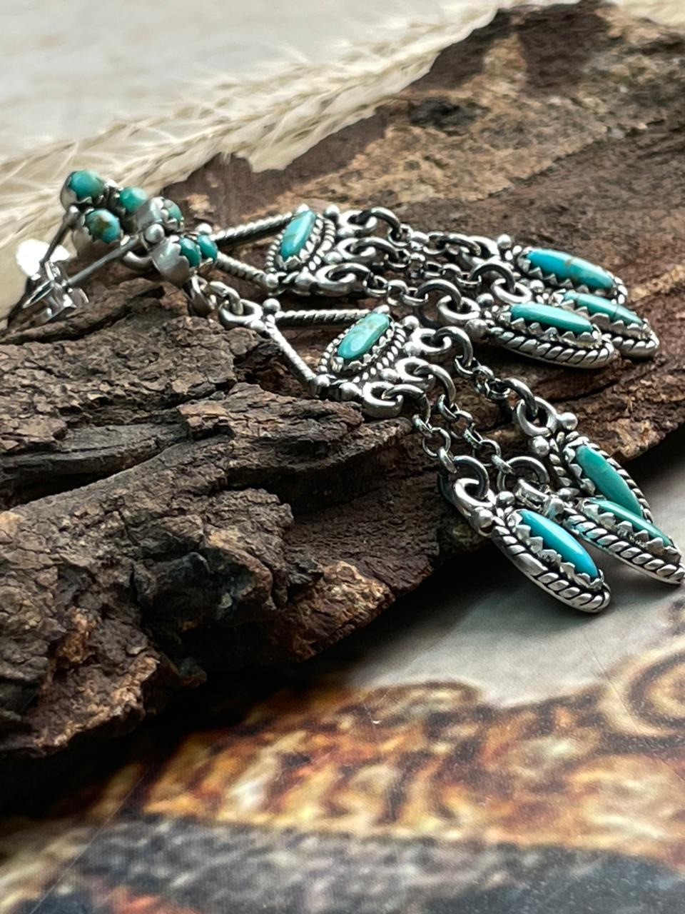 Handmade Sterling Silver Needle Collection: Kingman Turquoise Post Dangle Earrings "Signed Nizhoni"