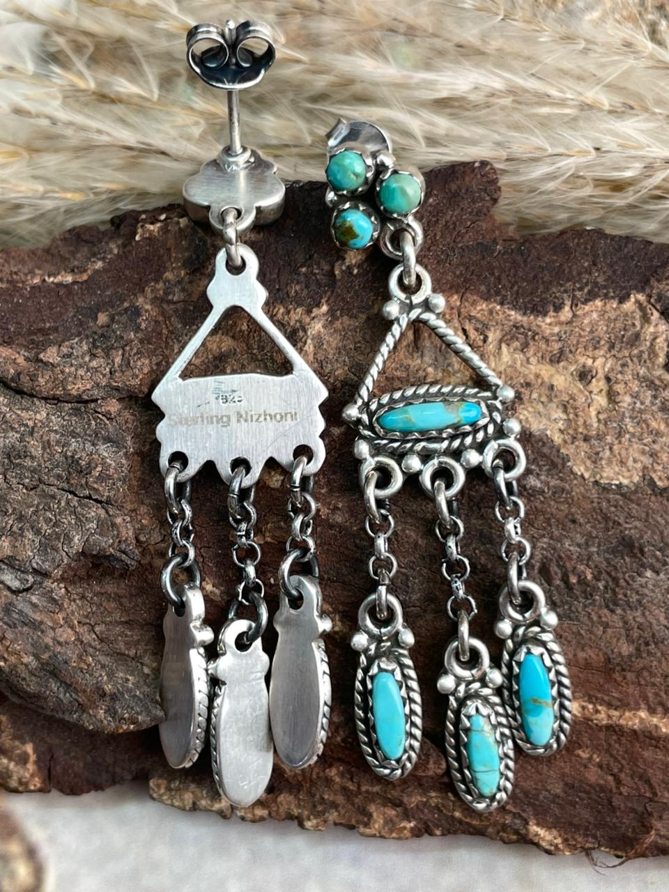 Handmade Sterling Silver Needle Collection: Kingman Turquoise Post Dangle Earrings "Signed Nizhoni"