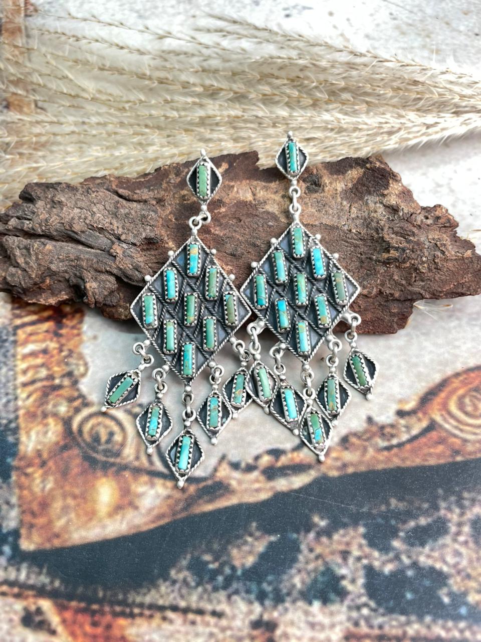 Handmade Sterling Silver Needle Collection: Kingman Turquoise Post Dangle Earrings "Signed Nizhoni"