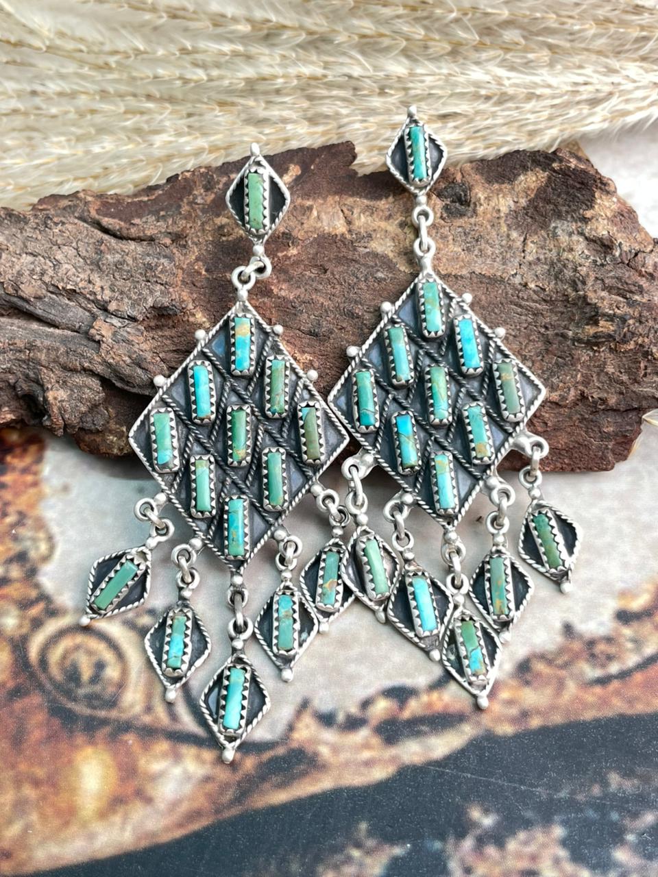Handmade Sterling Silver Needle Collection: Kingman Turquoise Post Dangle Earrings "Signed Nizhoni"