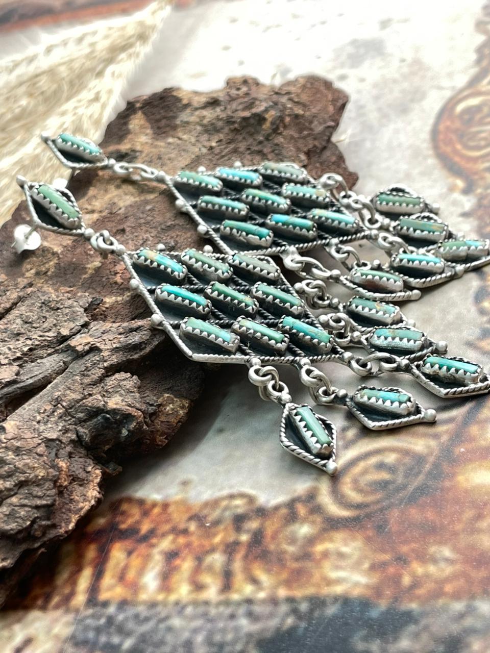 Handmade Sterling Silver Needle Collection: Kingman Turquoise Post Dangle Earrings "Signed Nizhoni"