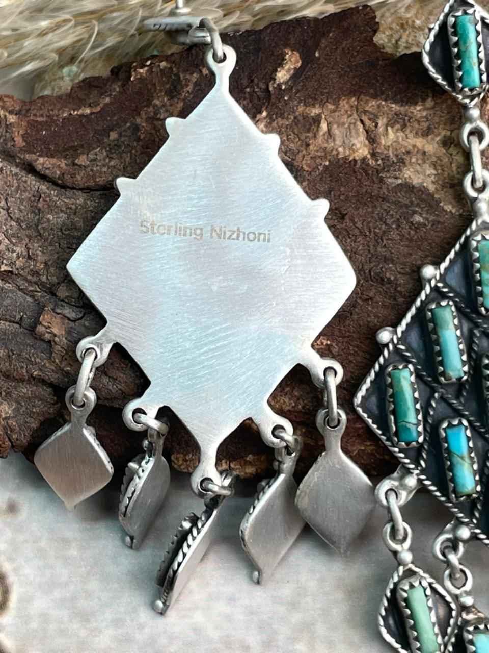 Handmade Sterling Silver Needle Collection: Kingman Turquoise Post Dangle Earrings "Signed Nizhoni"