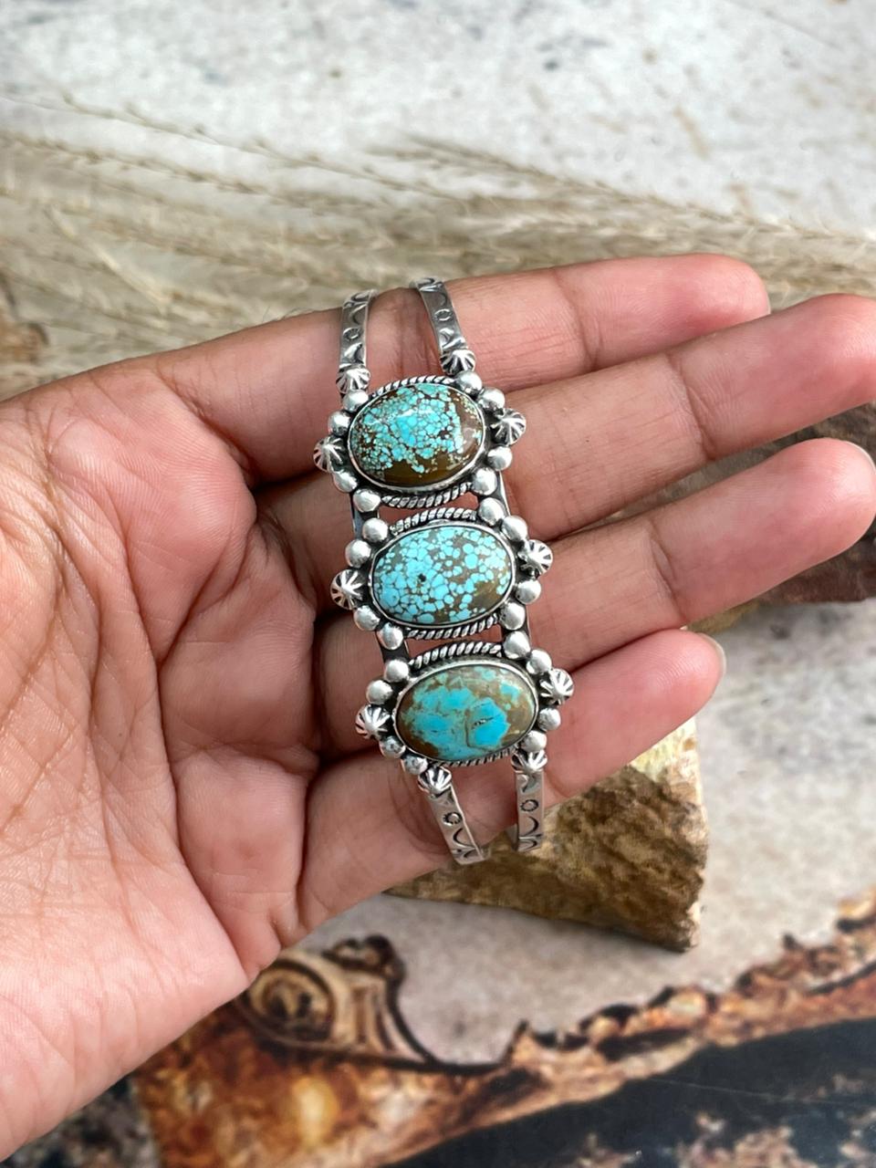 Handmade Number 8 Turquoise & Sterling Silver Cuff Bracelet "Signed Nizhoni"