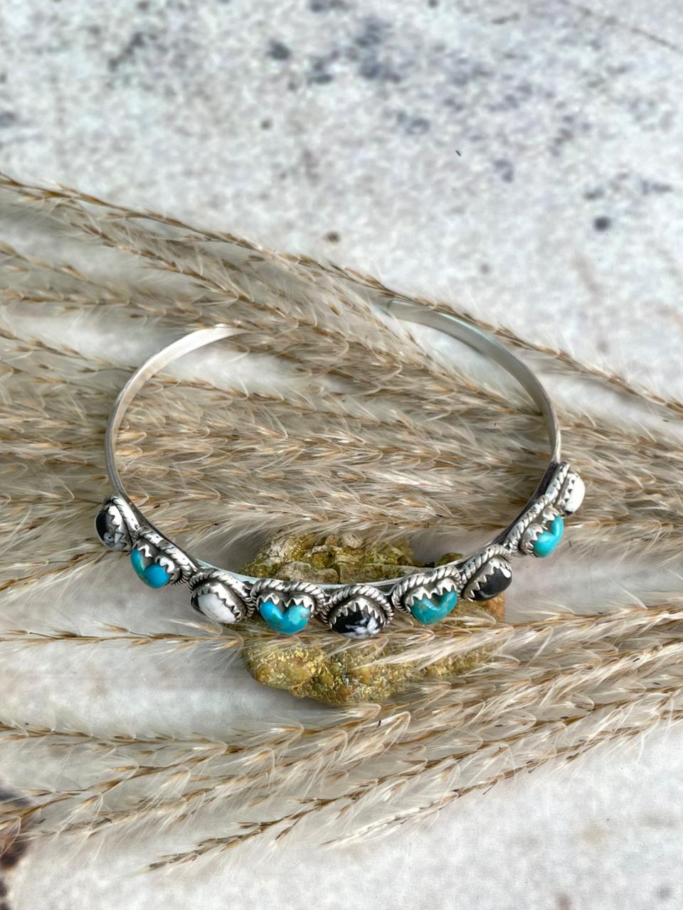Handmade Kingman Turquoise with White Buffalo & Sterling Silver Cuff Bracelet "Signed Nizhoni"