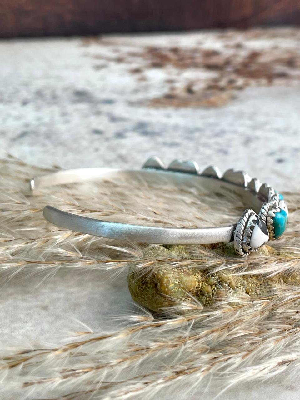 Handmade Kingman Turquoise with White Buffalo & Sterling Silver Cuff Bracelet "Signed Nizhoni"