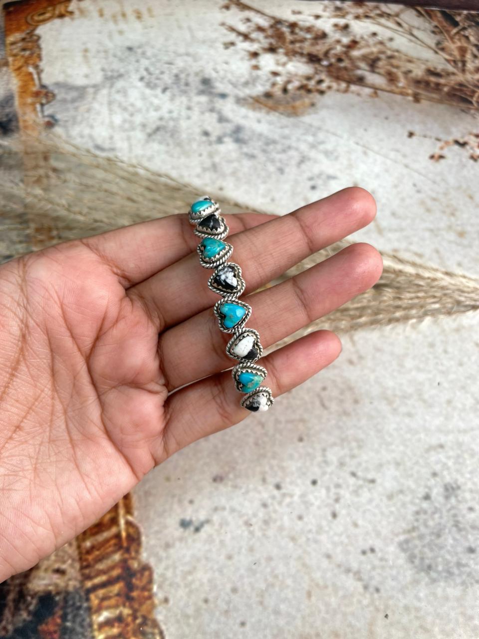 Handmade Kingman Turquoise with White Buffalo & Sterling Silver Cuff Bracelet "Signed Nizhoni"