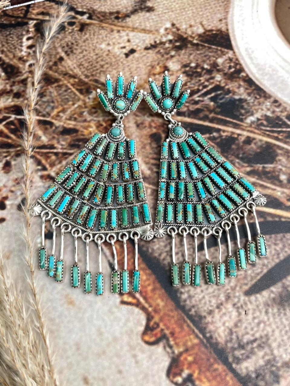 Handmade Sterling Silver Needle Collection: Kingman Turquoise Post Dangle Earrings "Signed Nizhoni"