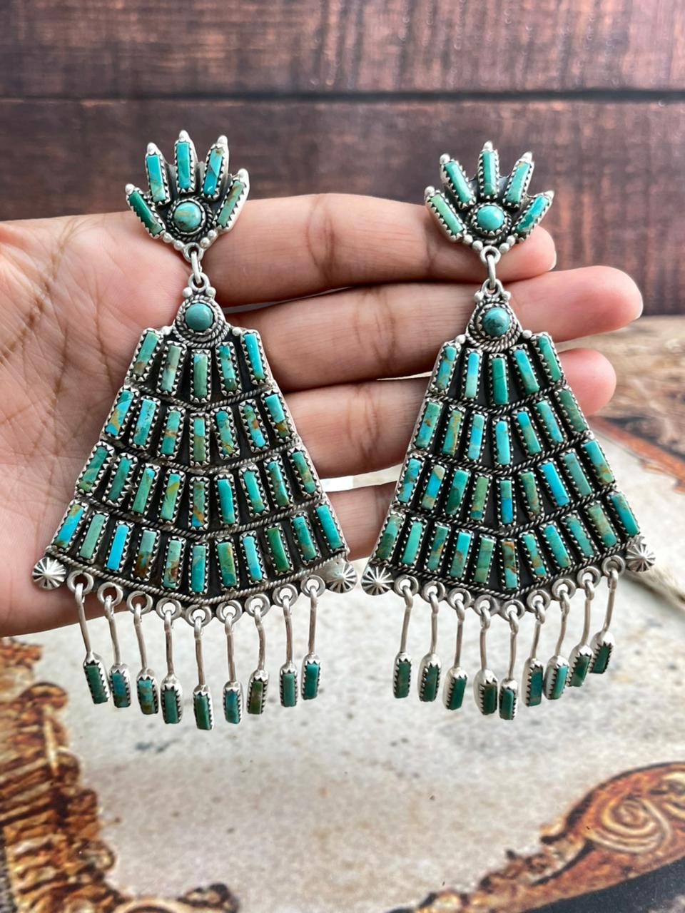 Handmade Sterling Silver Needle Collection: Kingman Turquoise Post Dangle Earrings "Signed Nizhoni"