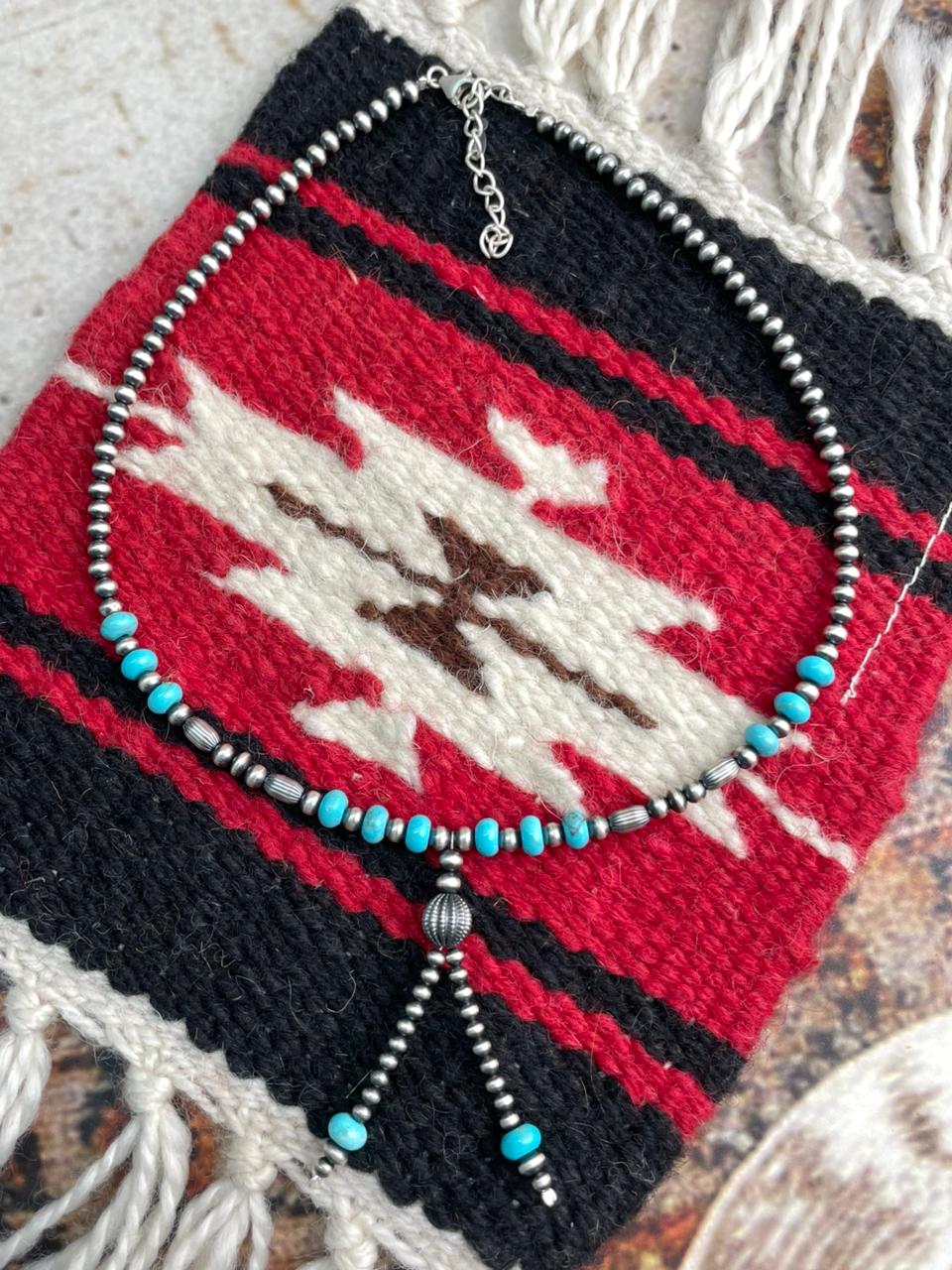 Handmade Sterling Silver Blue Kingman Turquoise Beaded Necklace "Signed Nizhoni"