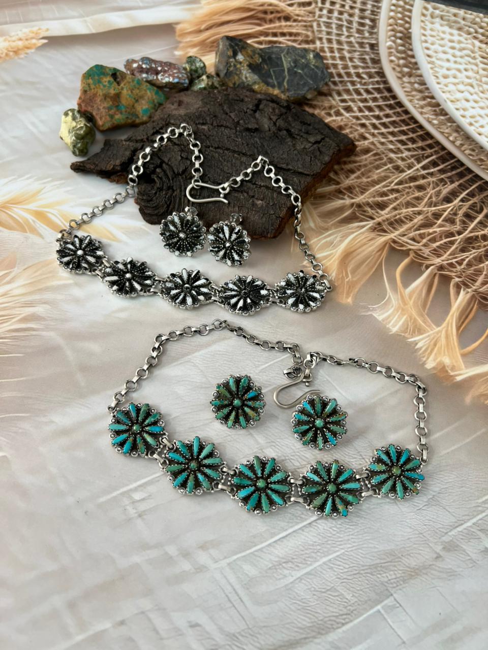 Handmade Sterling Silver Needle Collection: White Buffalo & Kingman Turquoise Necklace Earrings Set "Signed Nizhoni"