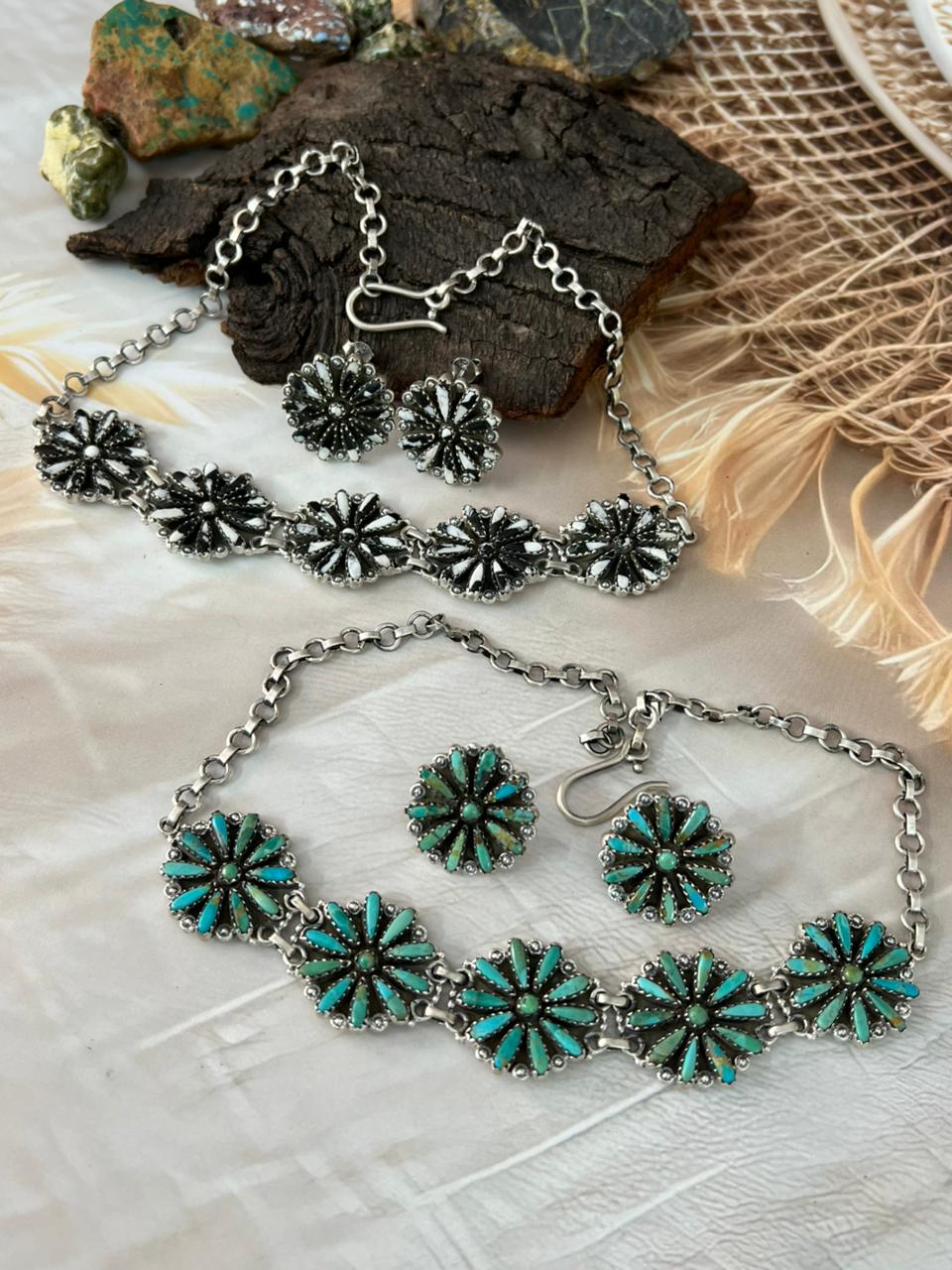 Handmade Sterling Silver Needle Collection: White Buffalo & Kingman Turquoise Necklace Earrings Set "Signed Nizhoni"