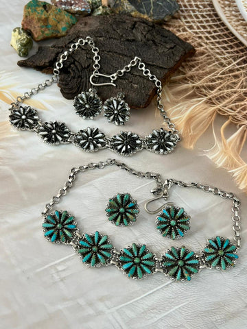 Handmade Sterling Silver Needle Collection: White Buffalo & Kingman Turquoise Necklace Earrings Set "Signed Nizhoni"