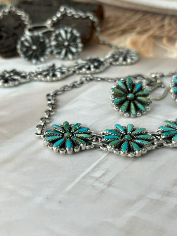 Handmade Sterling Silver Needle Collection: White Buffalo & Kingman Turquoise Necklace Earrings Set "Signed Nizhoni"