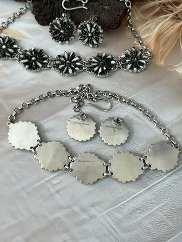 Handmade Sterling Silver Needle Collection: White Buffalo & Kingman Turquoise Necklace Earrings Set "Signed Nizhoni"