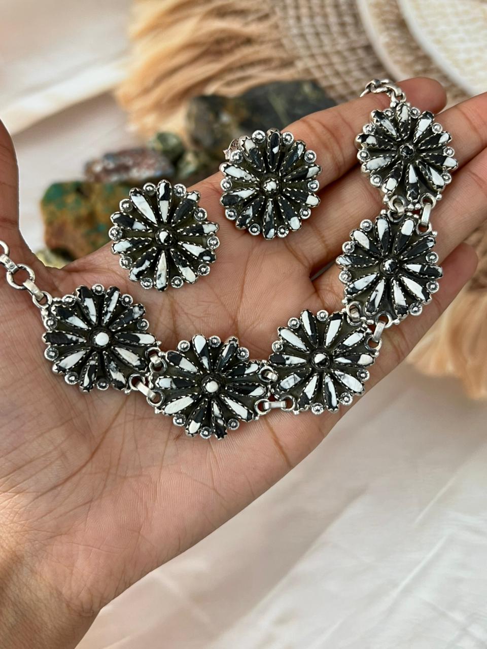 Handmade Sterling Silver Needle Collection: White Buffalo & Kingman Turquoise Necklace Earrings Set "Signed Nizhoni"