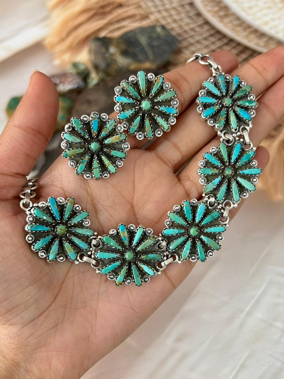 Handmade Sterling Silver Needle Collection: White Buffalo & Kingman Turquoise Necklace Earrings Set "Signed Nizhoni"