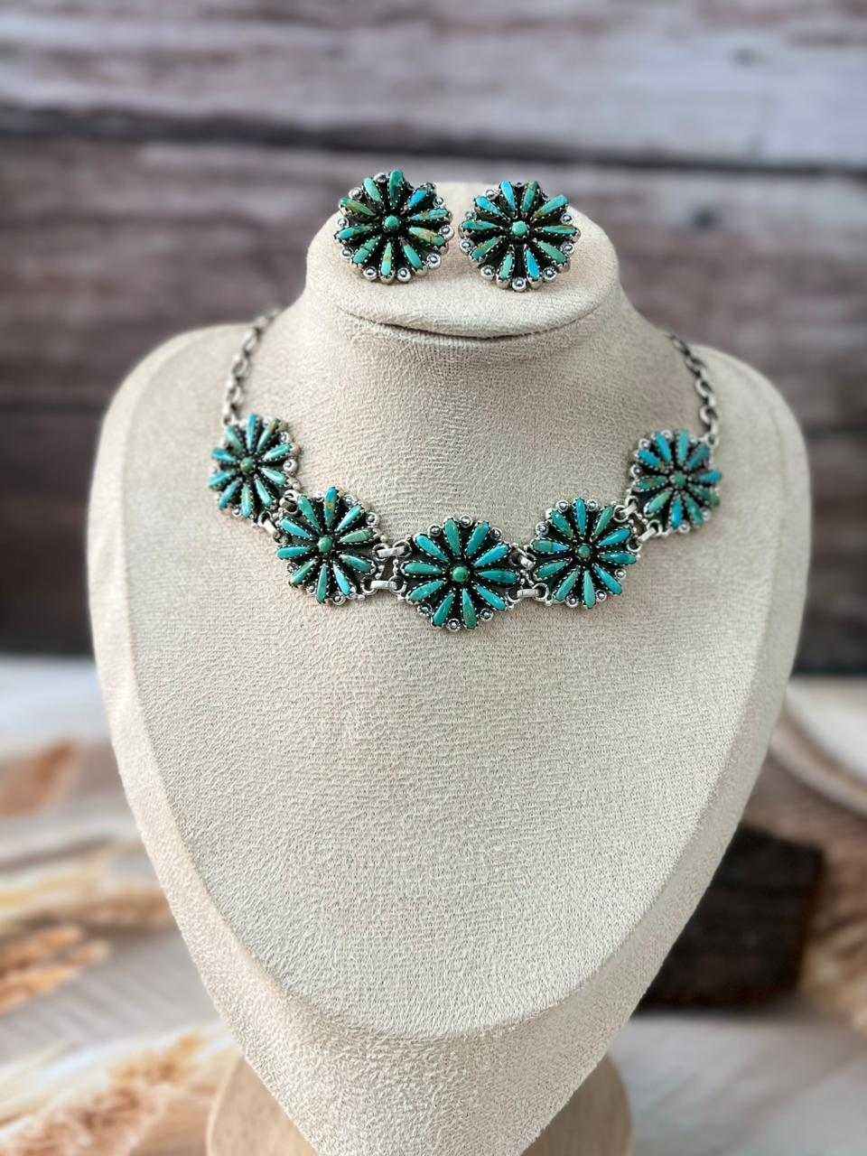 Handmade Sterling Silver Needle Collection: White Buffalo & Kingman Turquoise Necklace Earrings Set "Signed Nizhoni"