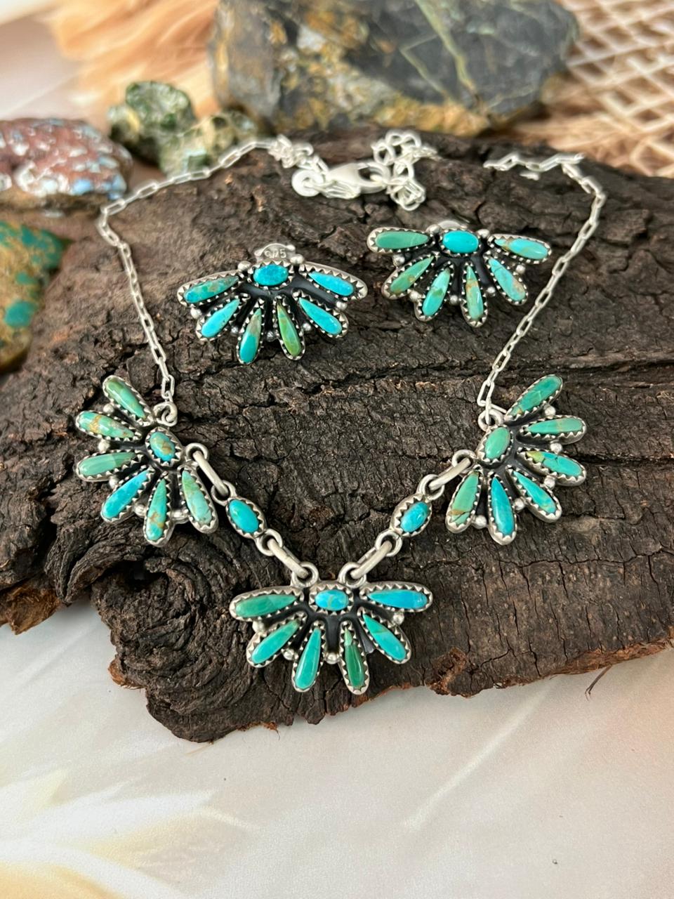 Handmade Sterling Silver Needle Collection: Kingman Turquoise Necklace Earrings Set "Signed Nizhoni"