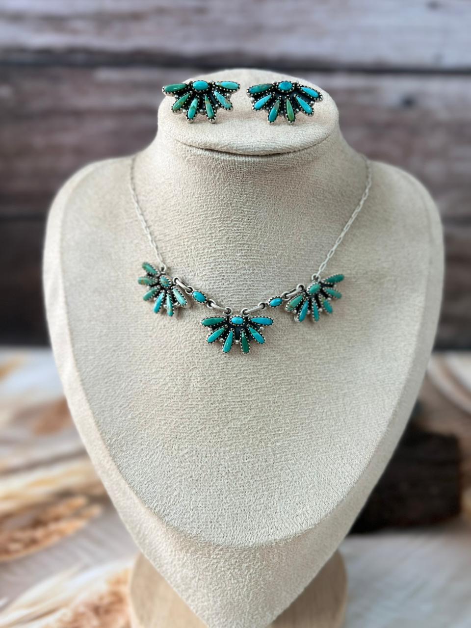 Handmade Sterling Silver Needle Collection: Kingman Turquoise Necklace Earrings Set "Signed Nizhoni"