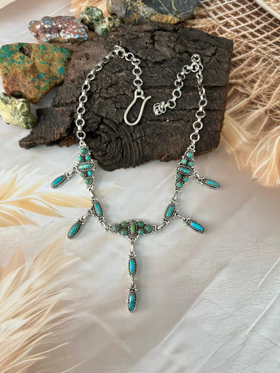 Handmade Sterling Silver Needle Collection: Kingman Turquoise Necklace "Signed Nizhoni"