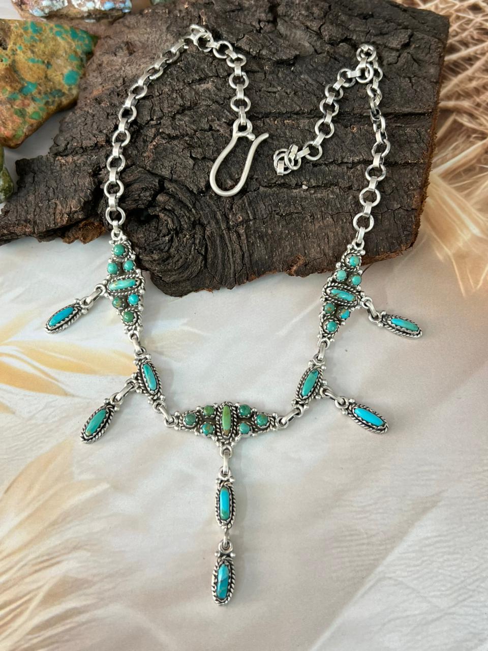 Handmade Sterling Silver Needle Collection: Kingman Turquoise Necklace "Signed Nizhoni"