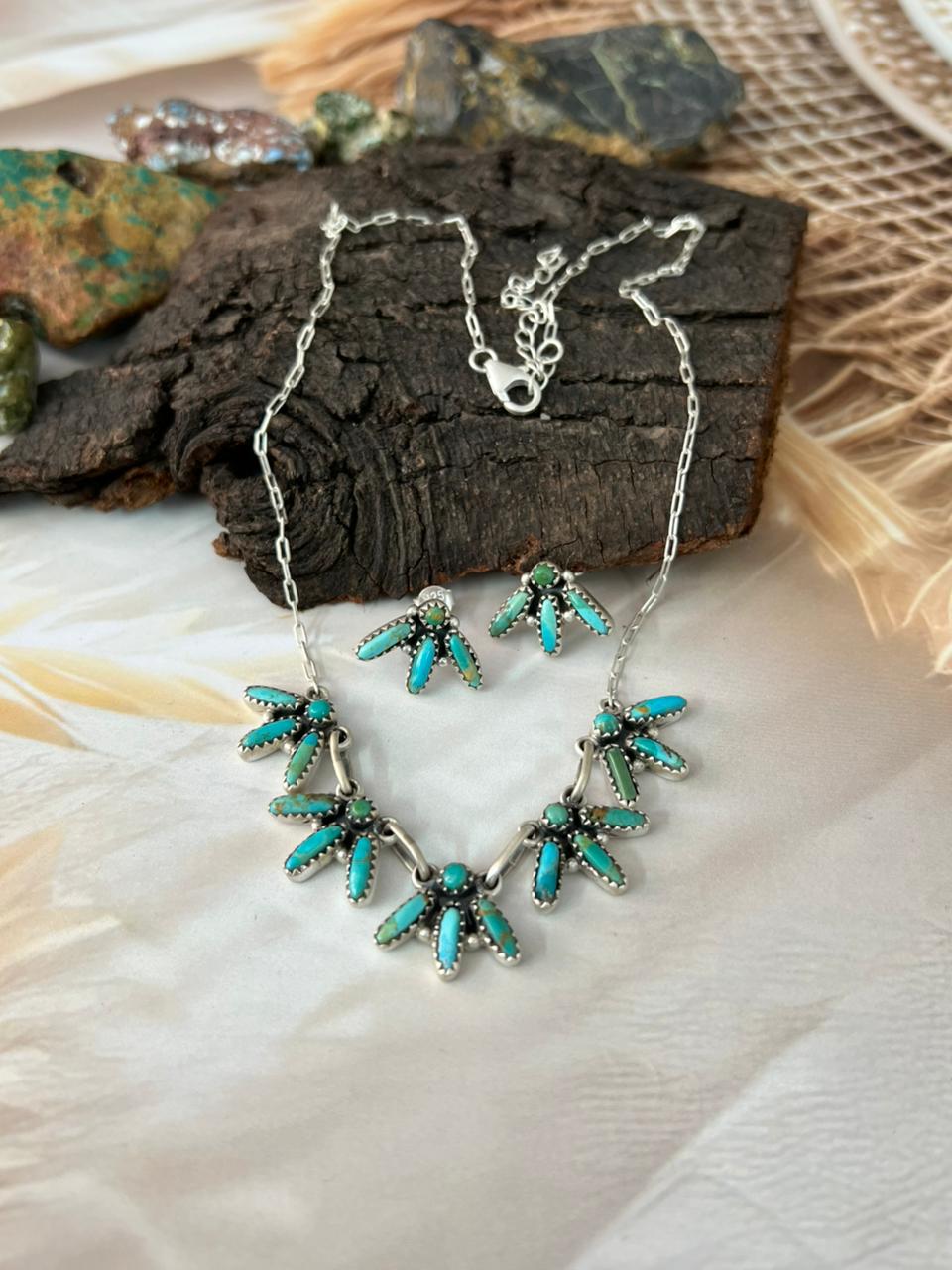 Handmade Sterling Silver Needle Collection: Kingman Turquoise Necklace Earrings Set "Signed Nizhoni"
