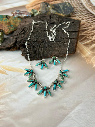 Handmade Sterling Silver Needle Collection: Kingman Turquoise Necklace Earrings Set "Signed Nizhoni"