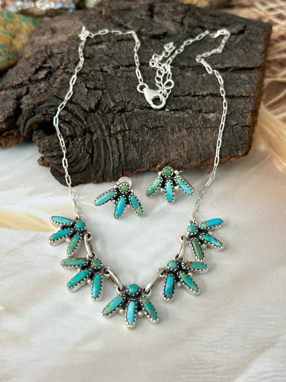 Handmade Sterling Silver Needle Collection: Kingman Turquoise Necklace Earrings Set "Signed Nizhoni"