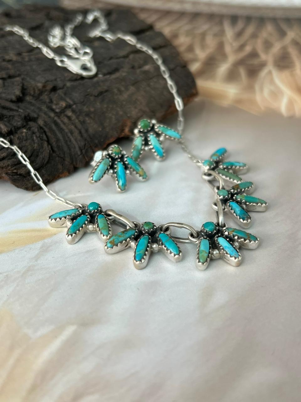 Handmade Sterling Silver Needle Collection: Kingman Turquoise Necklace Earrings Set "Signed Nizhoni"