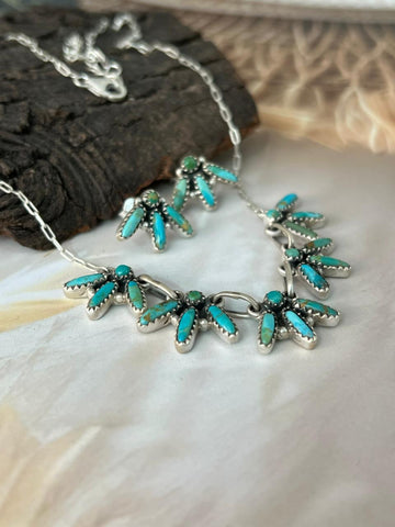 Handmade Sterling Silver Needle Collection: Kingman Turquoise Necklace Earrings Set "Signed Nizhoni"
