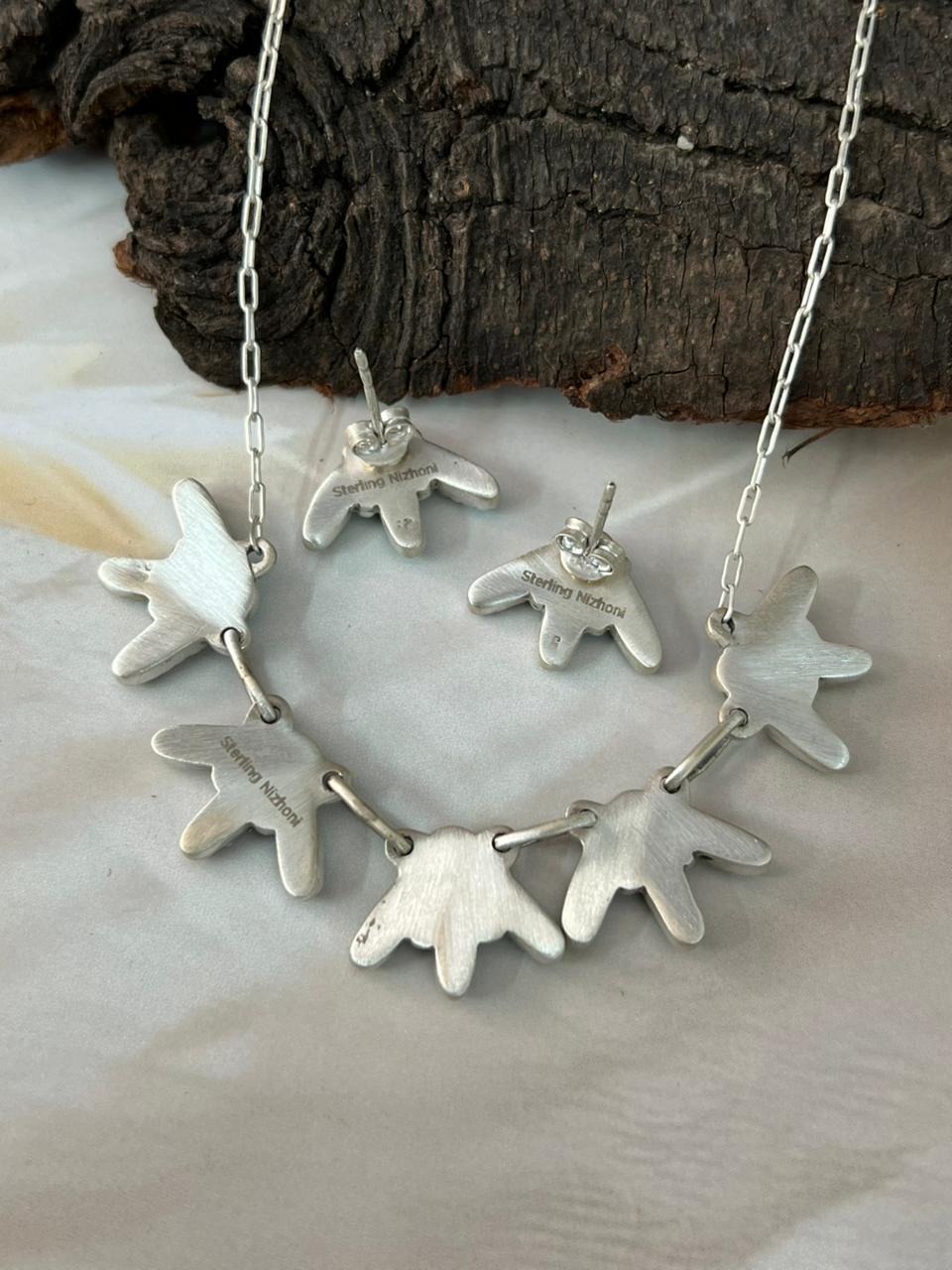 Handmade Sterling Silver Needle Collection: Kingman Turquoise Necklace Earrings Set "Signed Nizhoni"