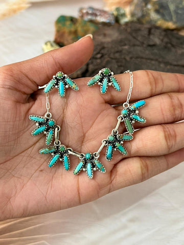 Handmade Sterling Silver Needle Collection: Kingman Turquoise Necklace Earrings Set "Signed Nizhoni"